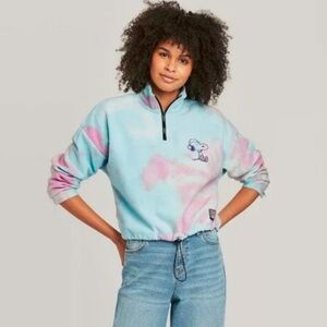 Peanuts EUC Snoopy Fleece Pastel Tie-Dye Cropped Pullover Sweatshirt Size XL